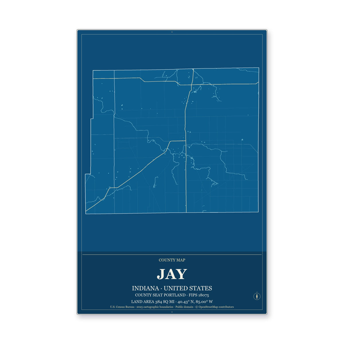 Jay County, Indiana Map Aluminum Sign in Harbor Cobalt style