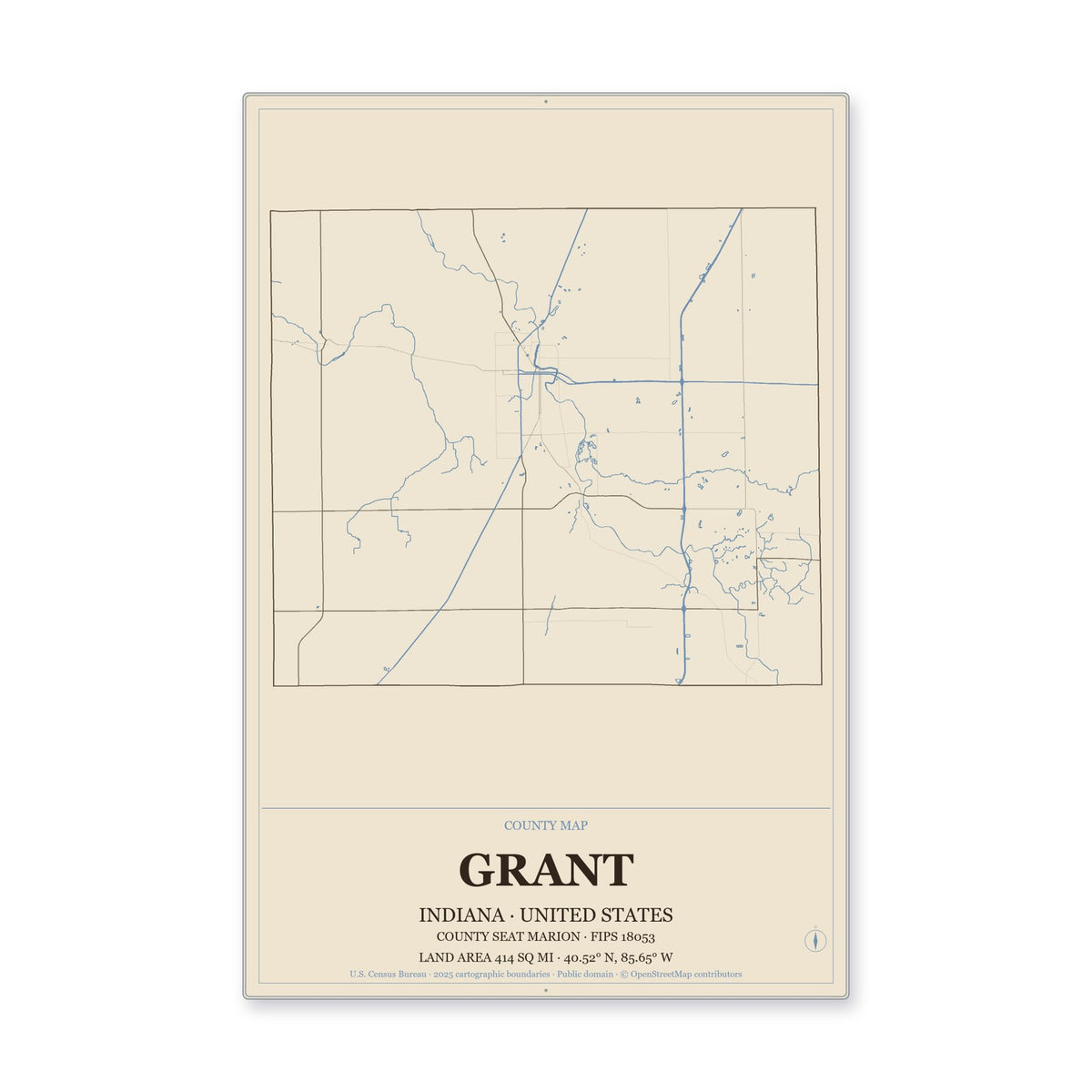 Grant County, Indiana Map Aluminum Sign in Heritage Nautical style