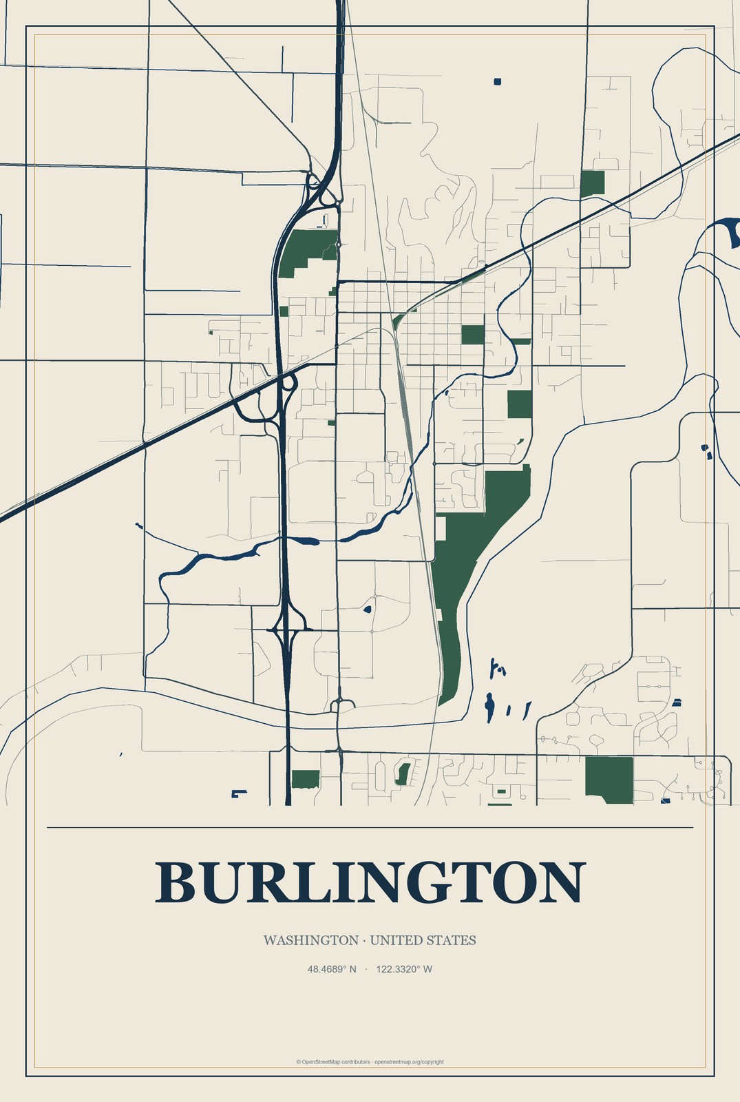 Burlington, Washington City Map Aluminum Sign in Coastal Cutout style