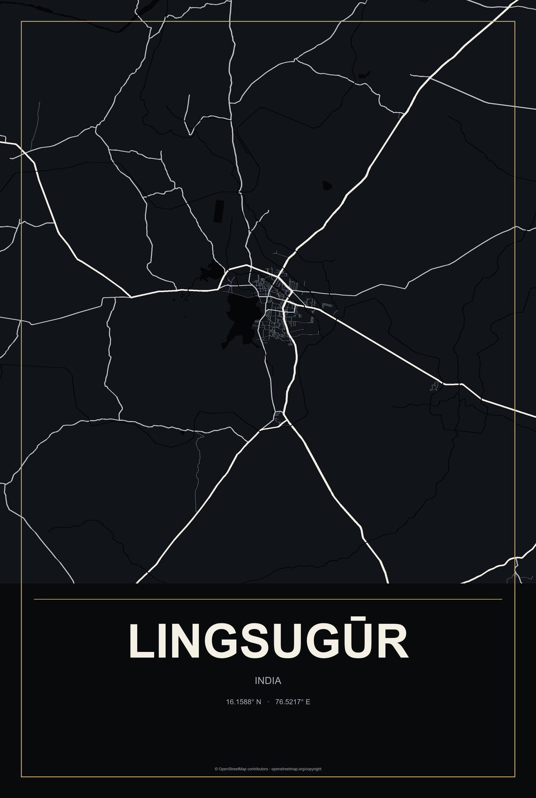 Lingsugūr, India City Map Aluminum Sign in Metropolitan Noir style
