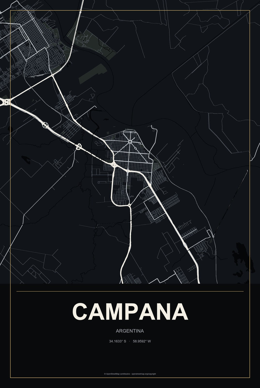 Campana, Argentina City Map Aluminum Sign in Metropolitan Noir style