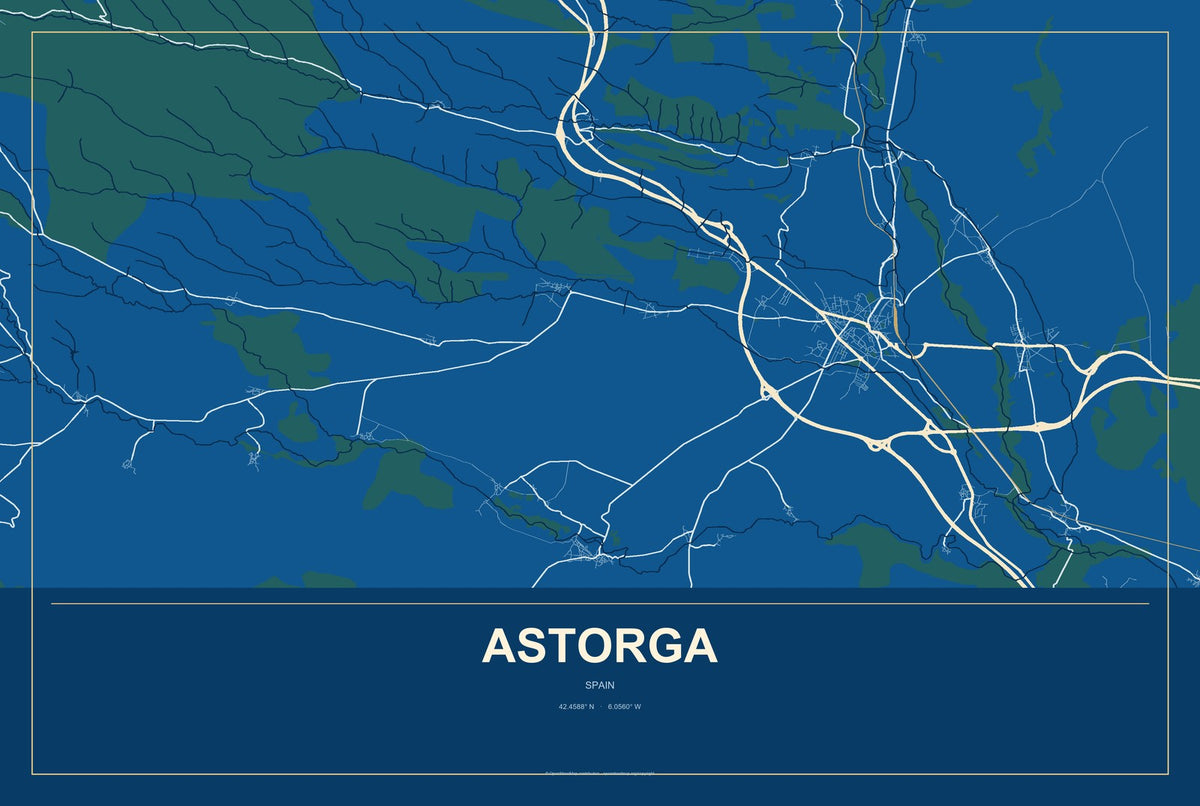 Astorga, Spain City Map Aluminum Sign in Harbor Cobalt style