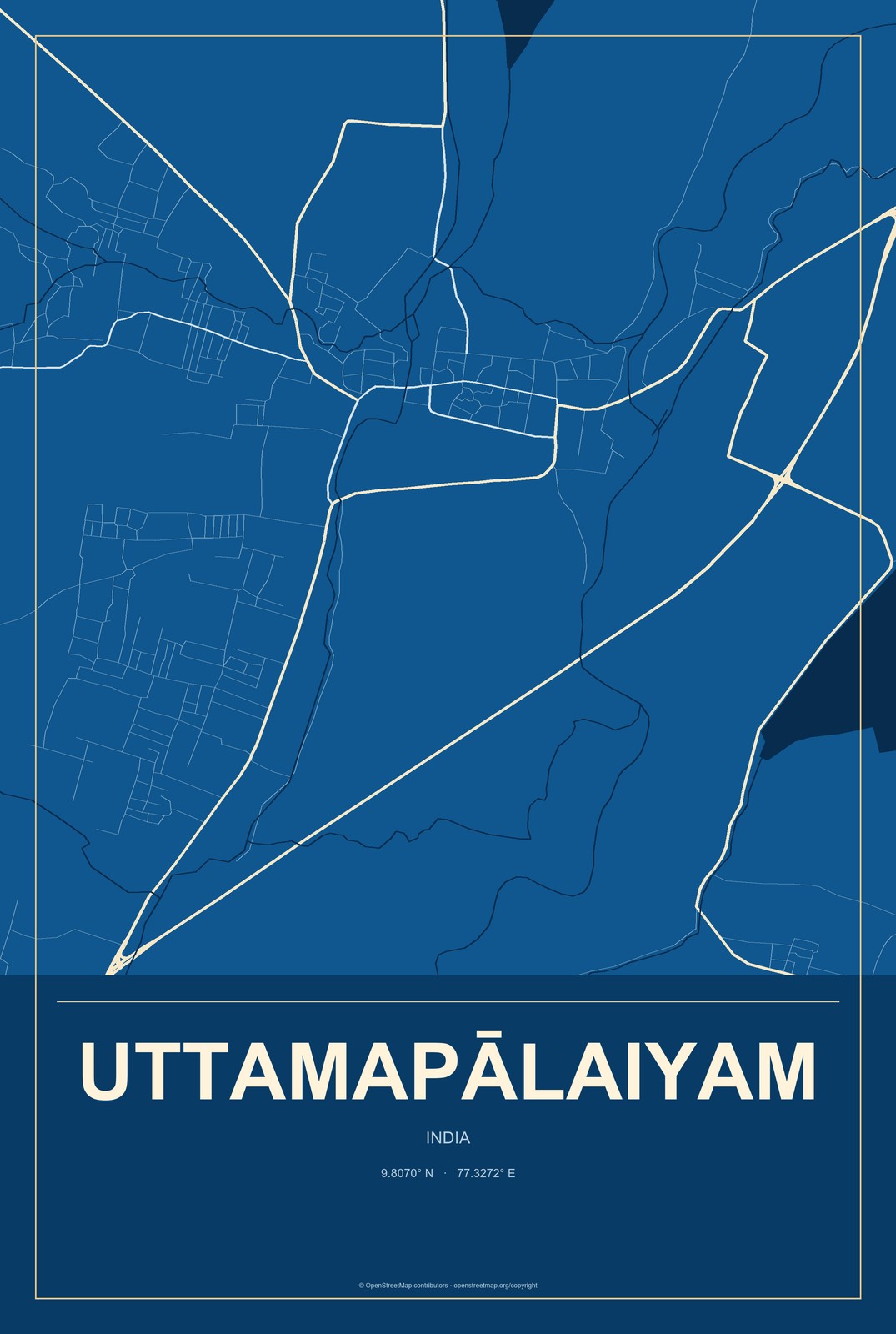 Uttamapālaiyam, India City Map Aluminum Sign in Harbor Cobalt style