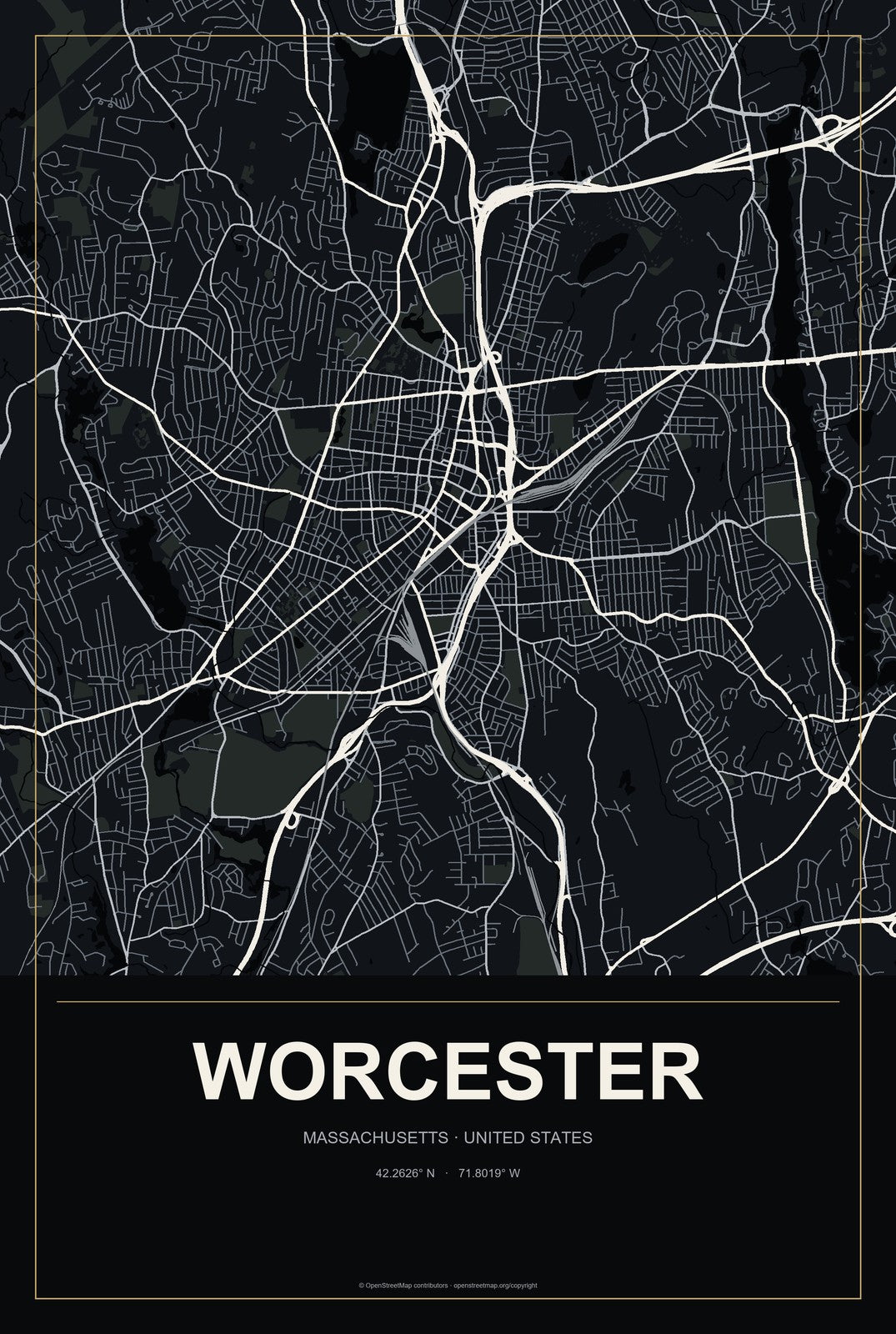 Worcester, Massachusetts City Map Aluminum Sign in Metropolitan Noir style
