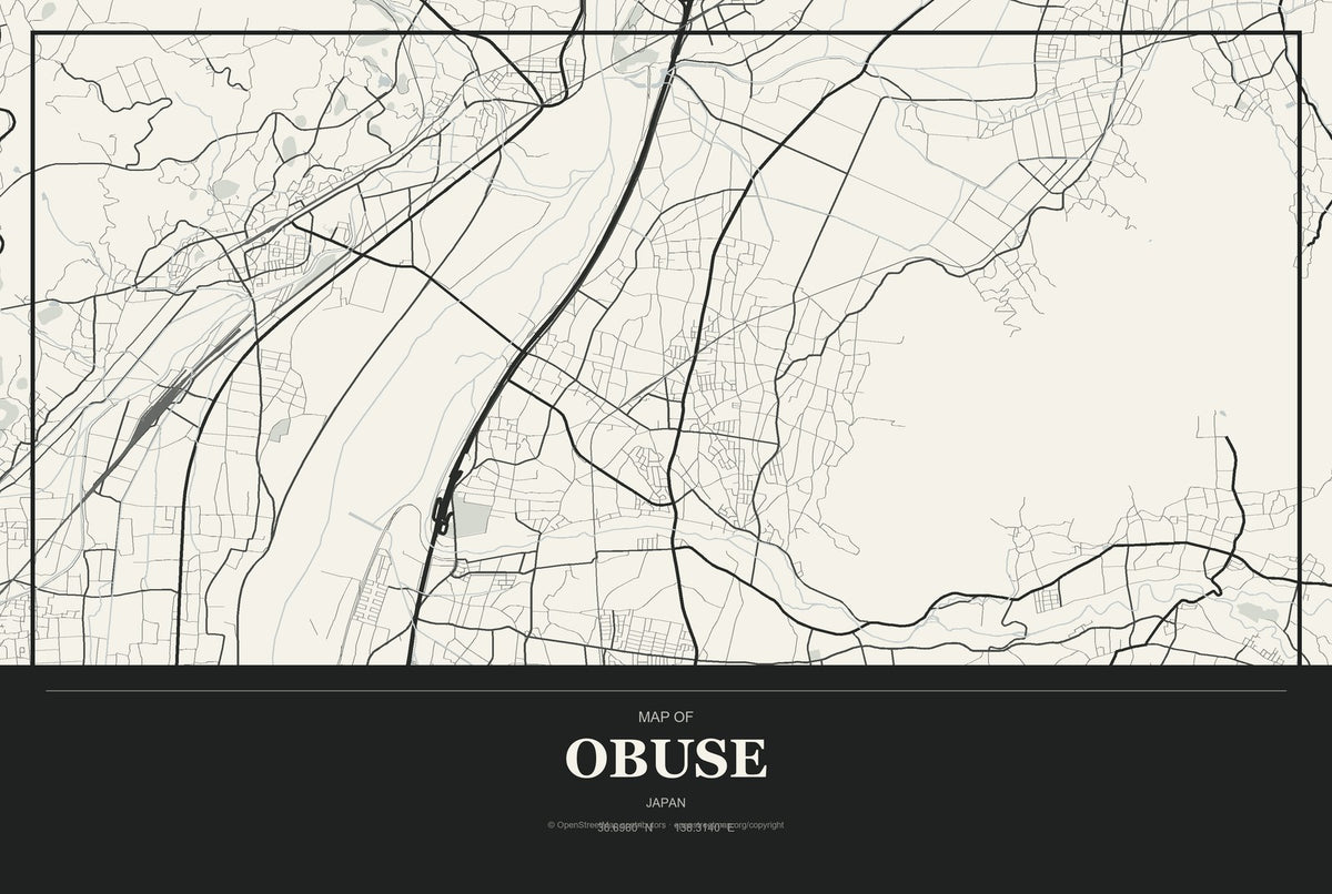 Obuse, Japan City Map Aluminum Sign in Museum Plaque style