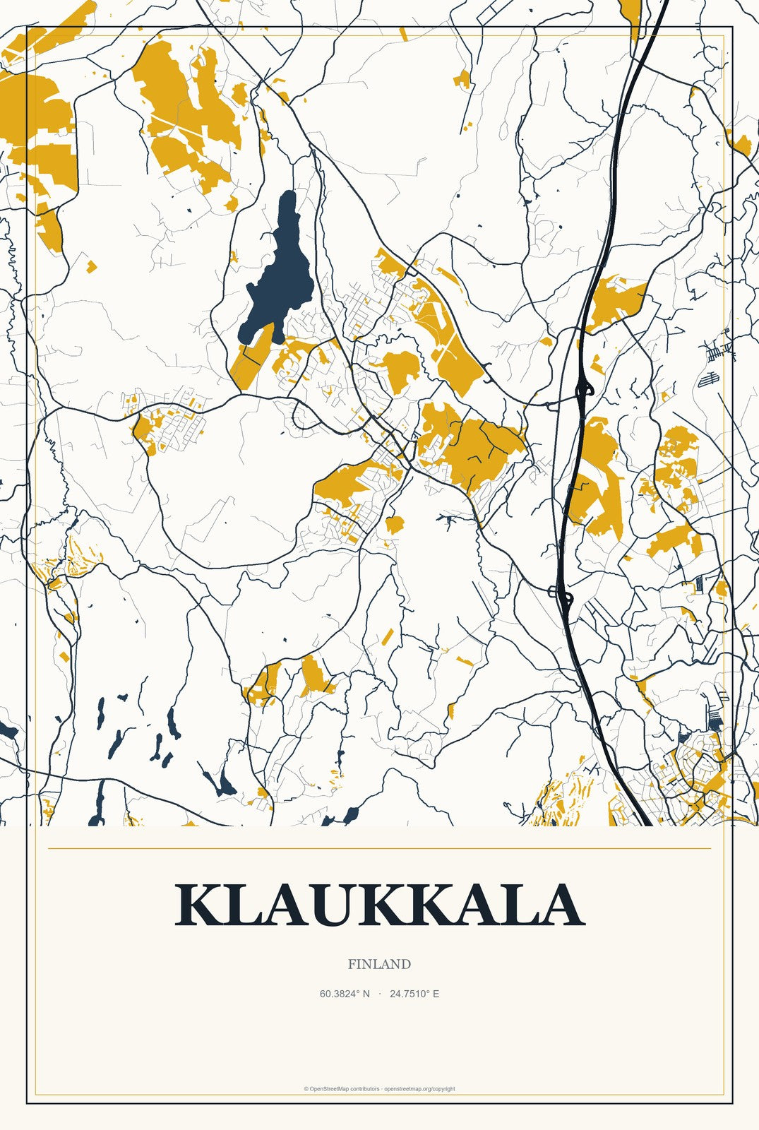 Klaukkala, Finland City Map Aluminum Sign in Citrine Modern style