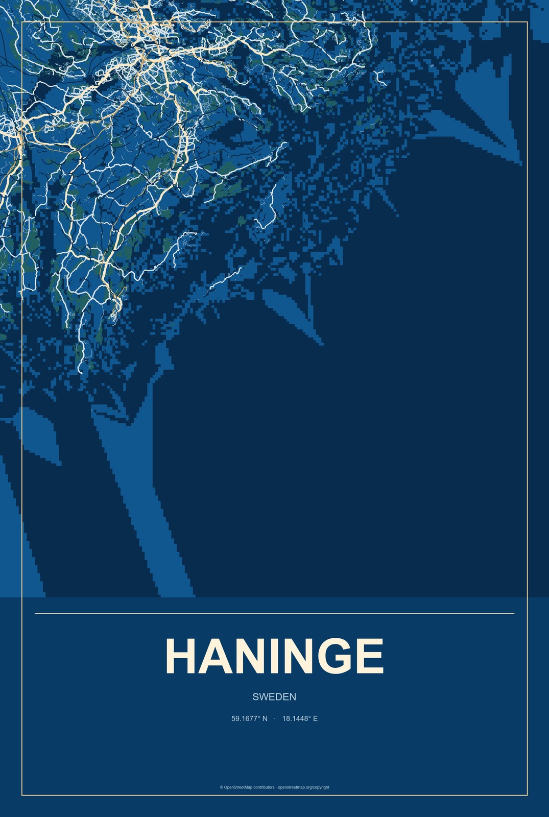 Haninge, Sweden City Map Aluminum Sign in Harbor Cobalt style