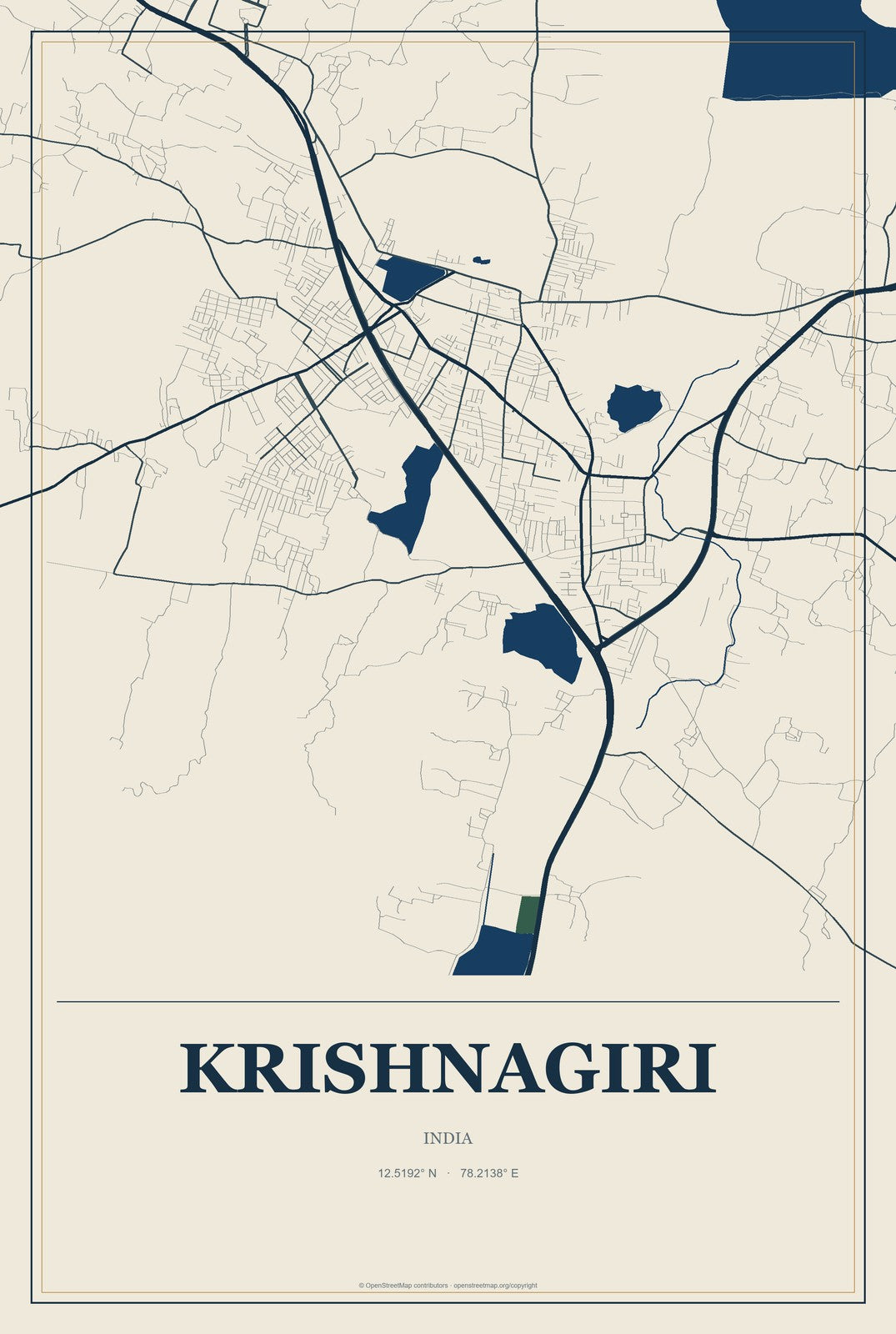 Krishnagiri, India City Map Aluminum Sign in Coastal Cutout style