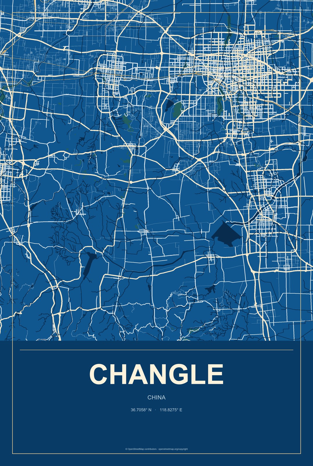 Changle, Shandong, China City Map Aluminum Sign in Harbor Cobalt style