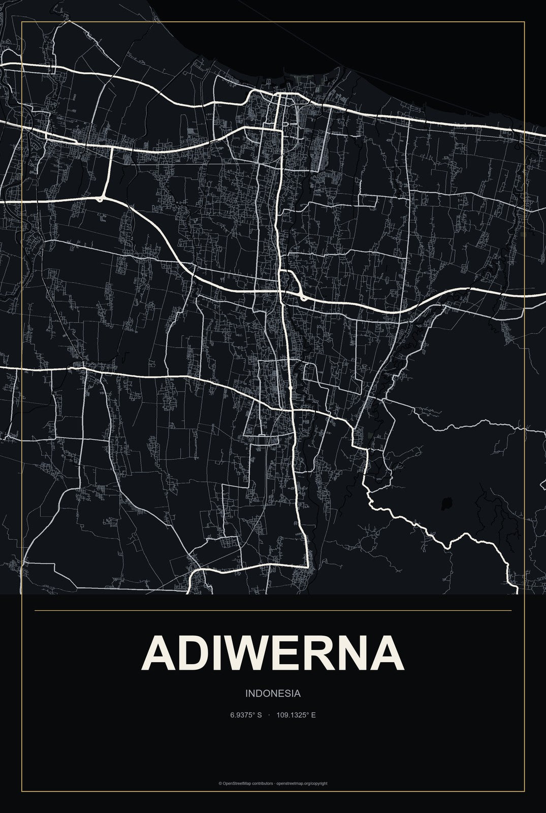 Adiwerna, Indonesia City Map Aluminum Sign in Metropolitan Noir style