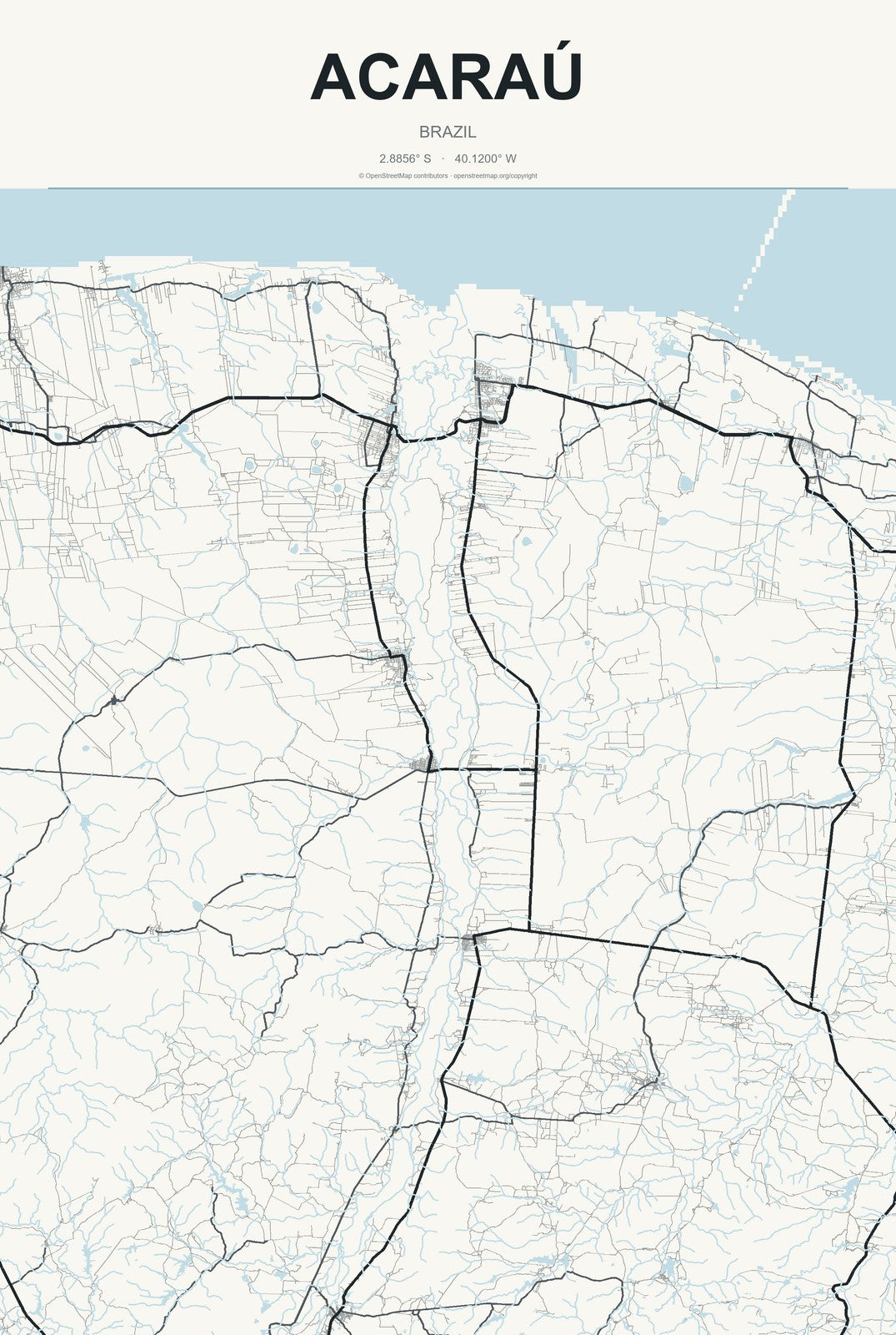 Acaraú, Brazil City Map Aluminum Sign in Headline Atlas style