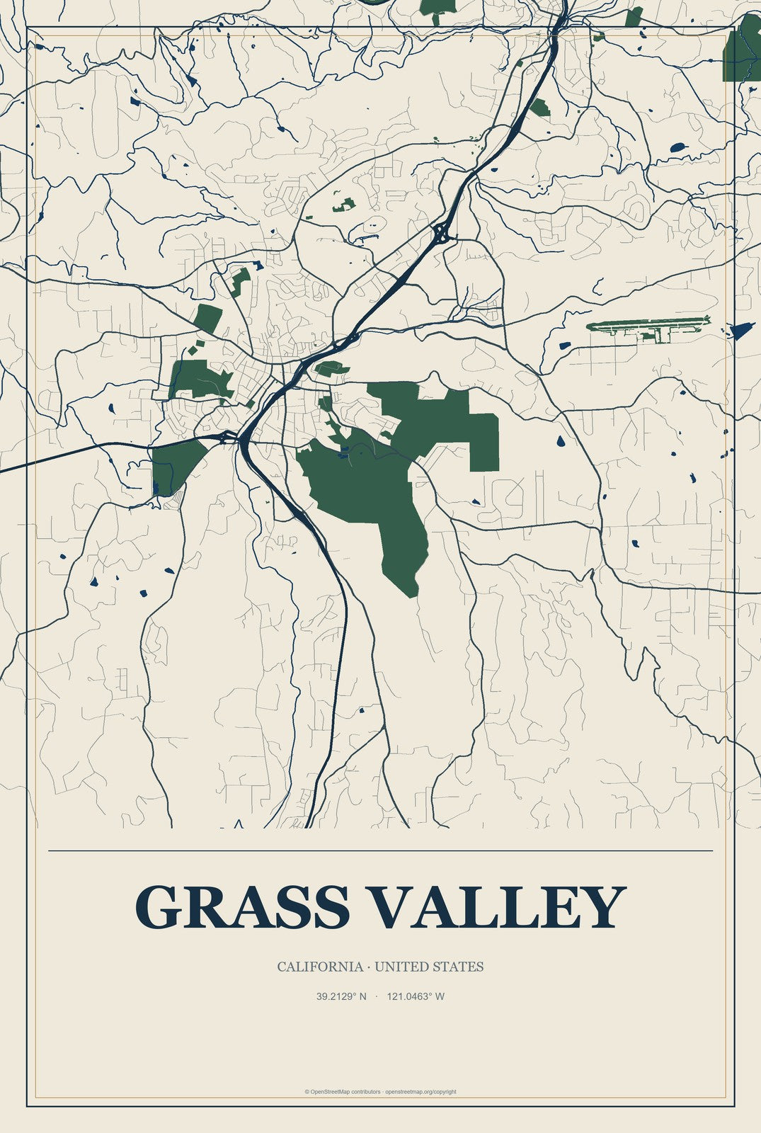 Grass Valley, California City Map Aluminum Sign in Coastal Cutout style