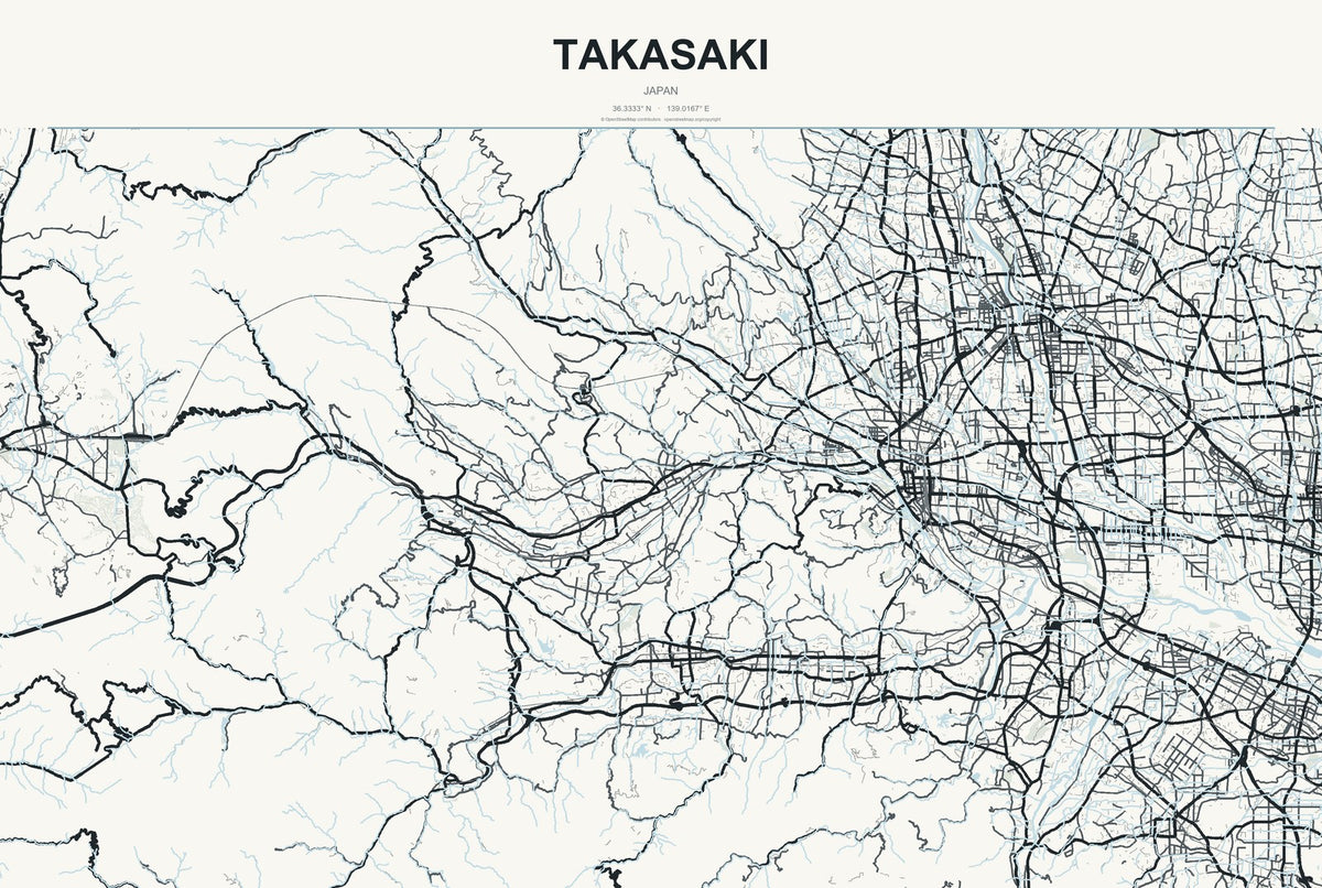 Takasaki, Japan City Map Aluminum Sign in Headline Atlas style