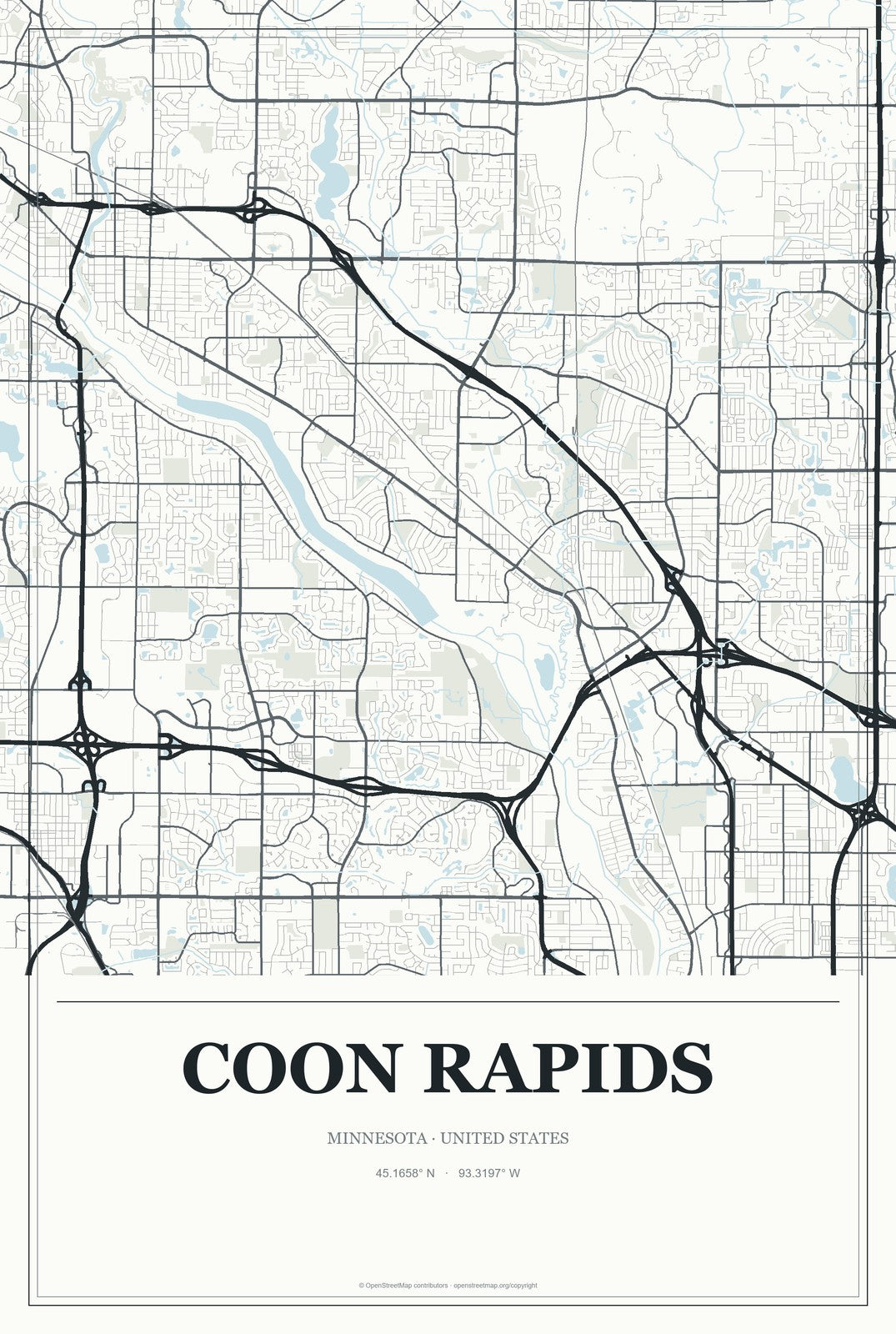 Coon Rapids, Minnesota City Map Aluminum Sign in Gallery Air style
