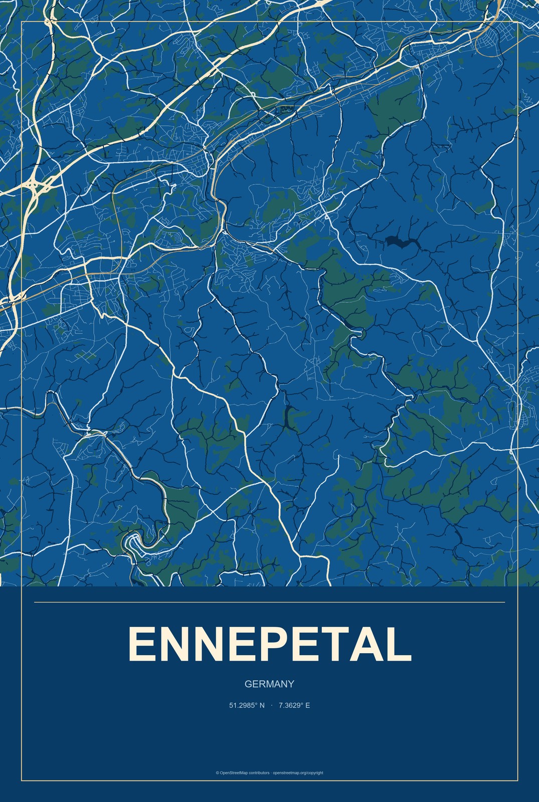 Ennepetal, Germany City Map Aluminum Sign in Harbor Cobalt style