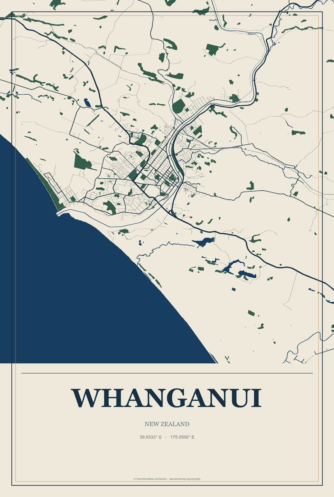 Whanganui, New Zealand City Map Aluminum Sign in Coastal Cutout style