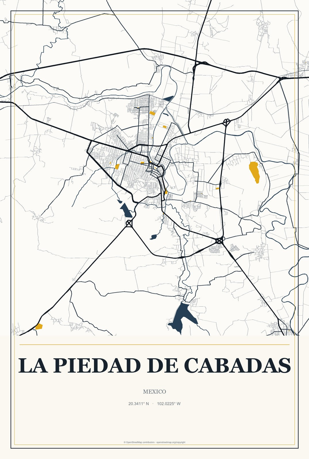 La Piedad de Cabadas, Mexico City Map Aluminum Sign in Citrine Modern style