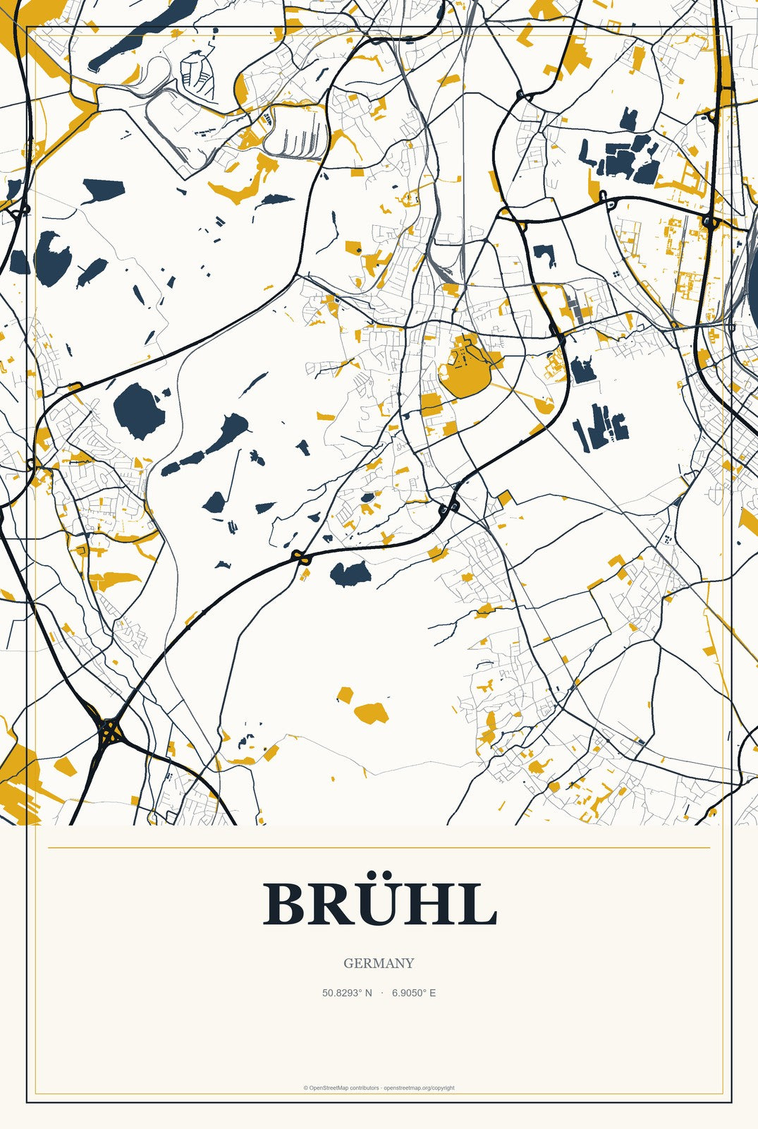 Brühl, North Rhine-Westphalia, Germany City Map Aluminum Sign in Citrine Modern style