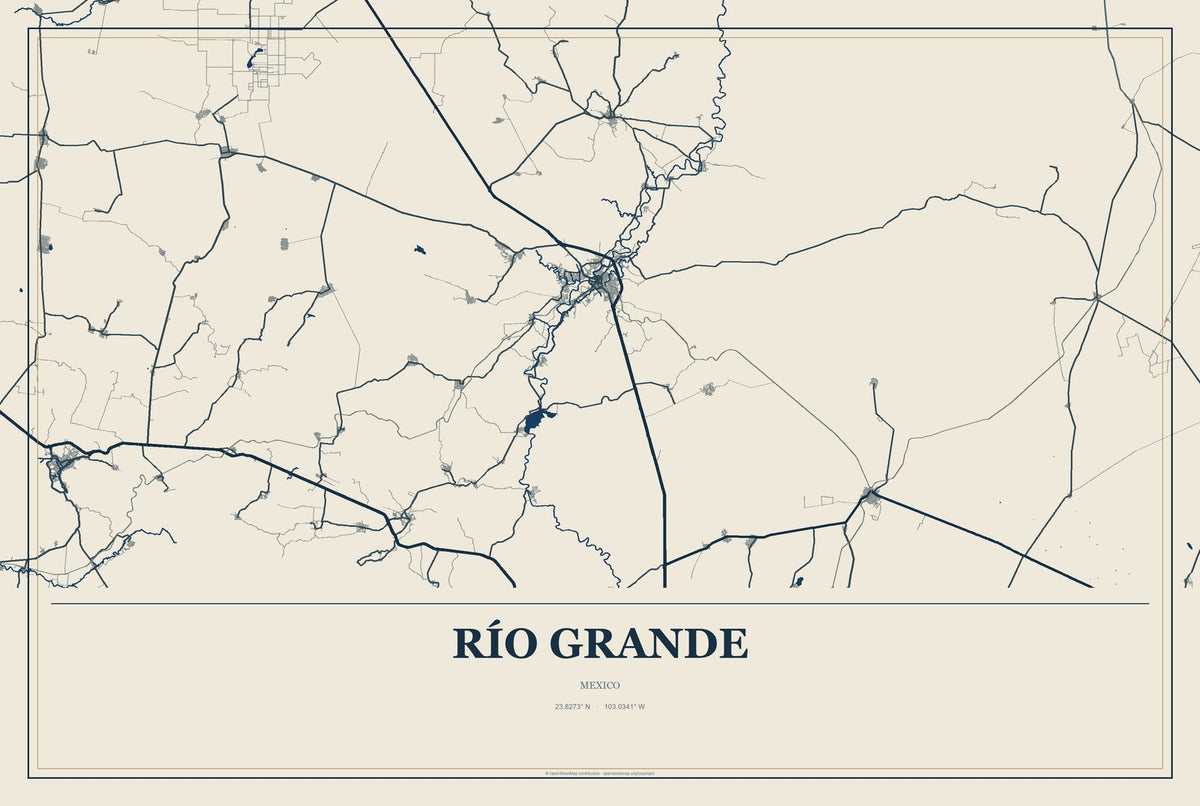 Río Grande, Zacatecas, Mexico City Map Aluminum Sign in Coastal Cutout style