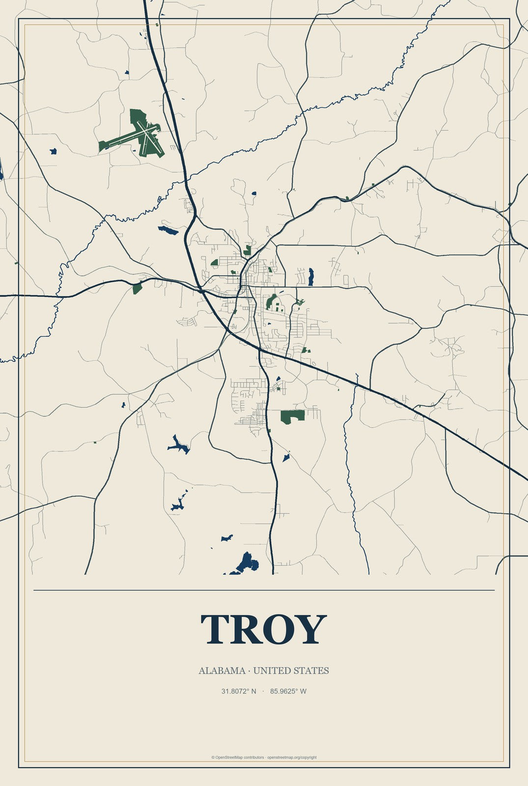 Troy, Alabama City Map Aluminum Sign in Coastal Cutout style