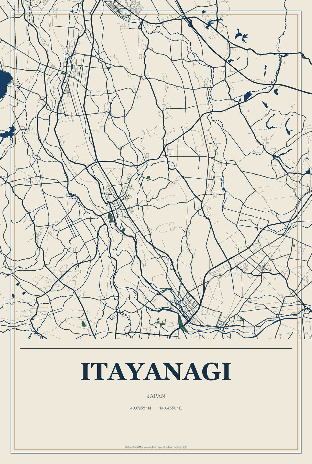 Itayanagi, Japan City Map Aluminum Sign in Coastal Cutout style