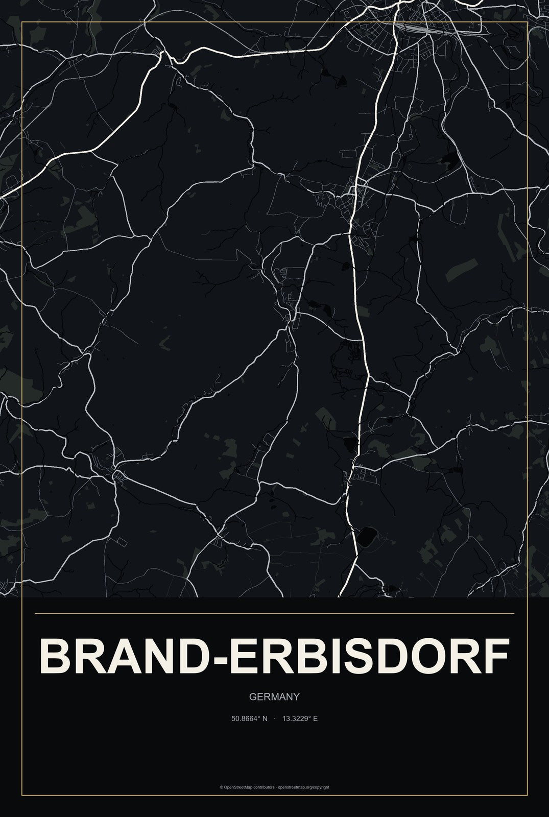 Brand-Erbisdorf, Germany City Map Aluminum Sign in Metropolitan Noir style