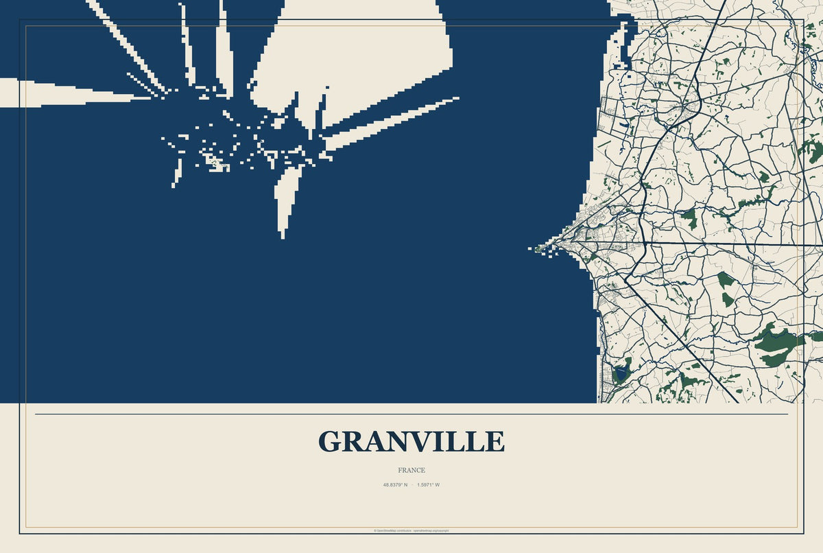 Granville, France City Map Aluminum Sign in Coastal Cutout style