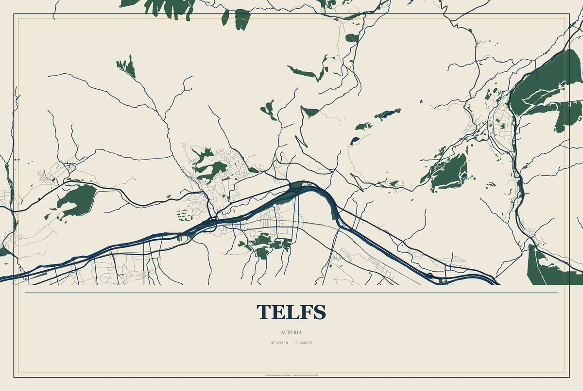 Telfs, Austria City Map Aluminum Sign in Coastal Cutout style
