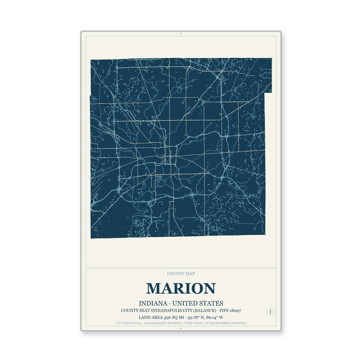 Marion County, Indiana Map Aluminum Sign in Coastal Cutout style