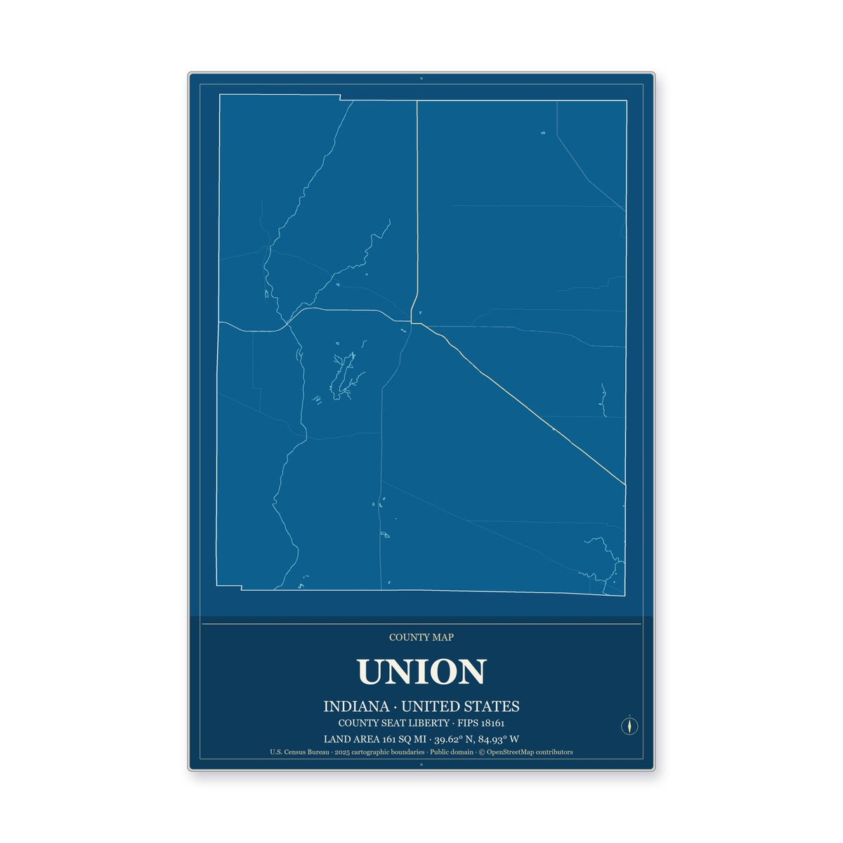 Union County, Indiana Map Aluminum Sign in Harbor Cobalt style