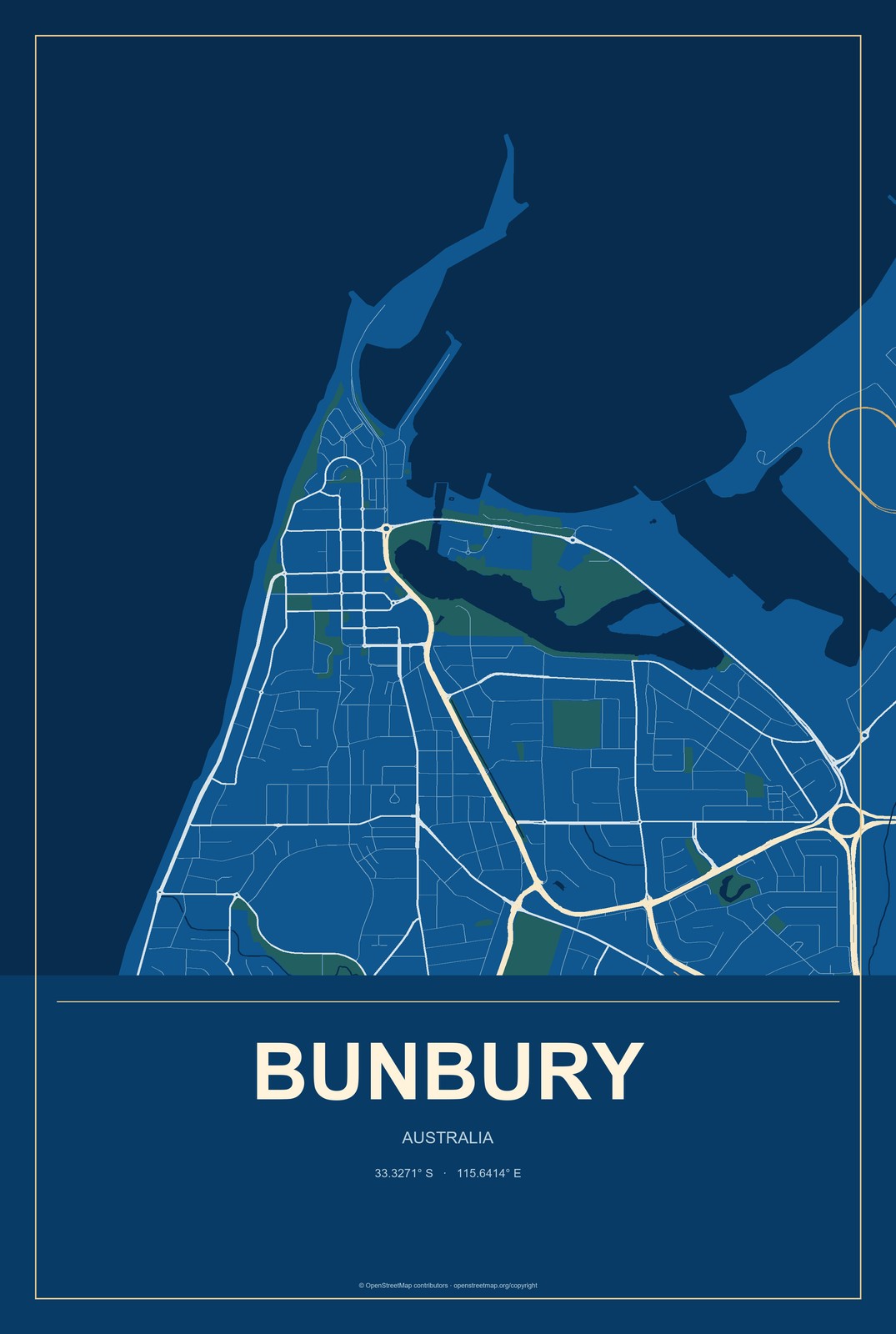 Bunbury, Australia City Map Aluminum Sign in Harbor Cobalt style