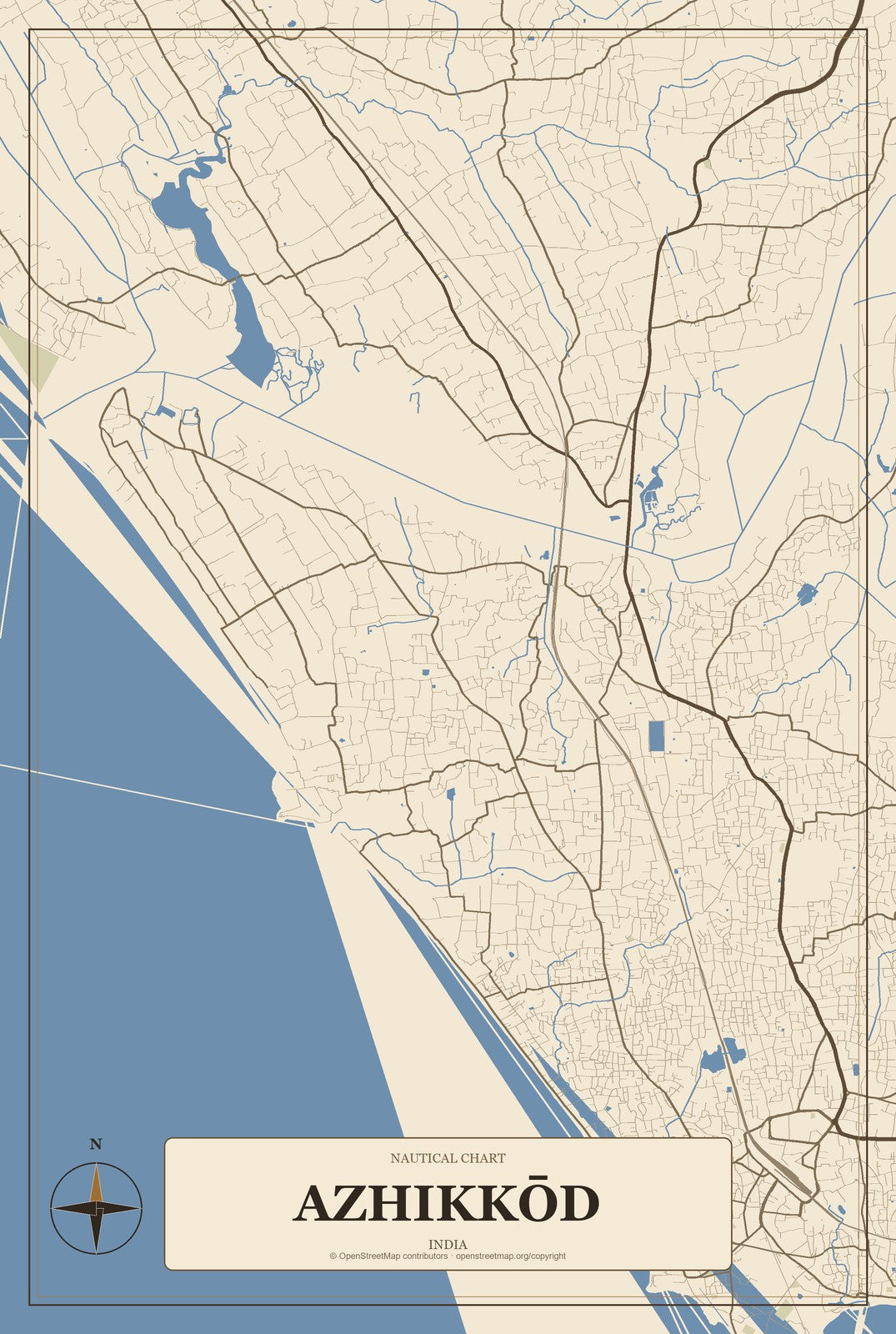 Azhikkōd, India City Map Aluminum Sign in Heritage Nautical style