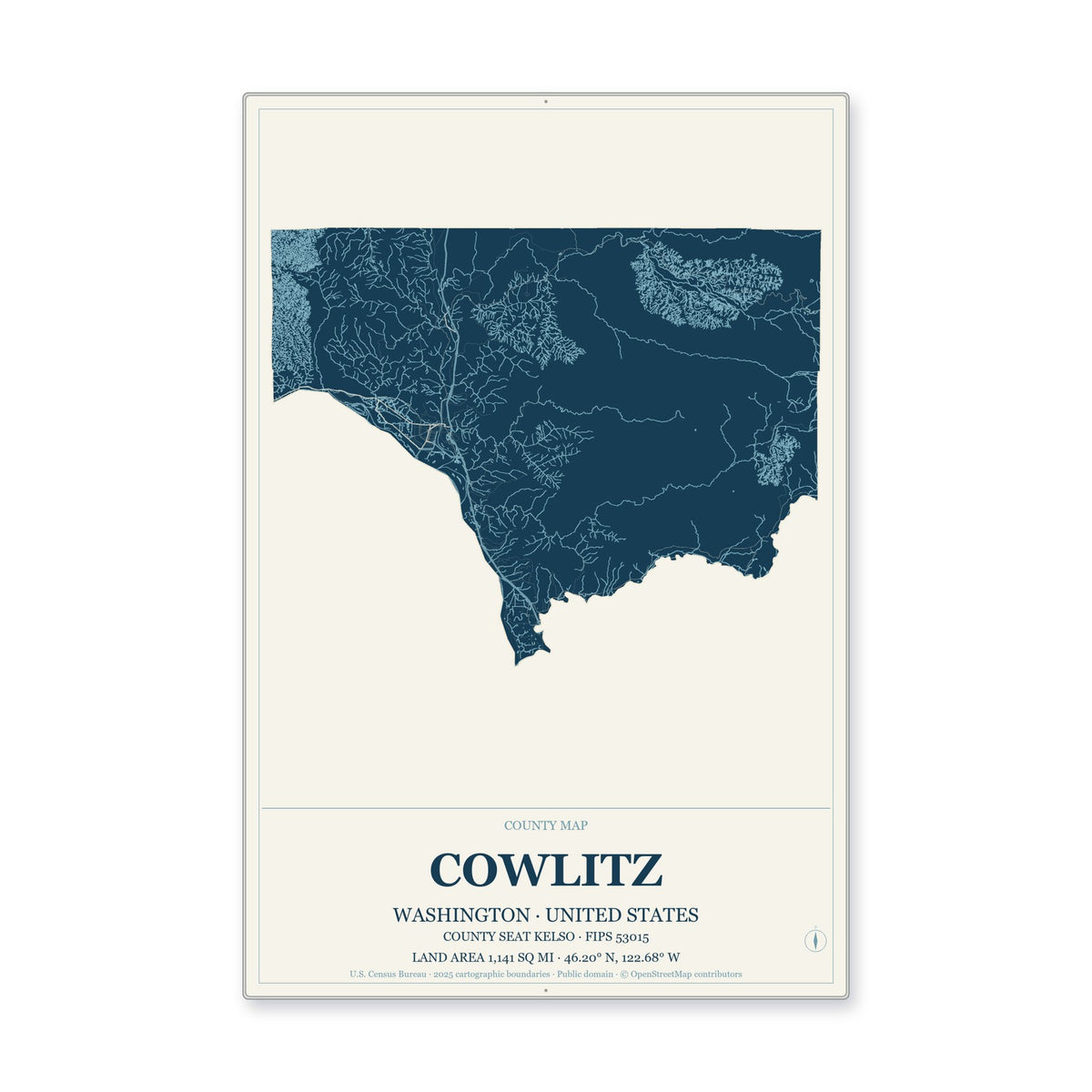 Cowlitz County, Washington Map Aluminum Sign in Coastal Cutout style