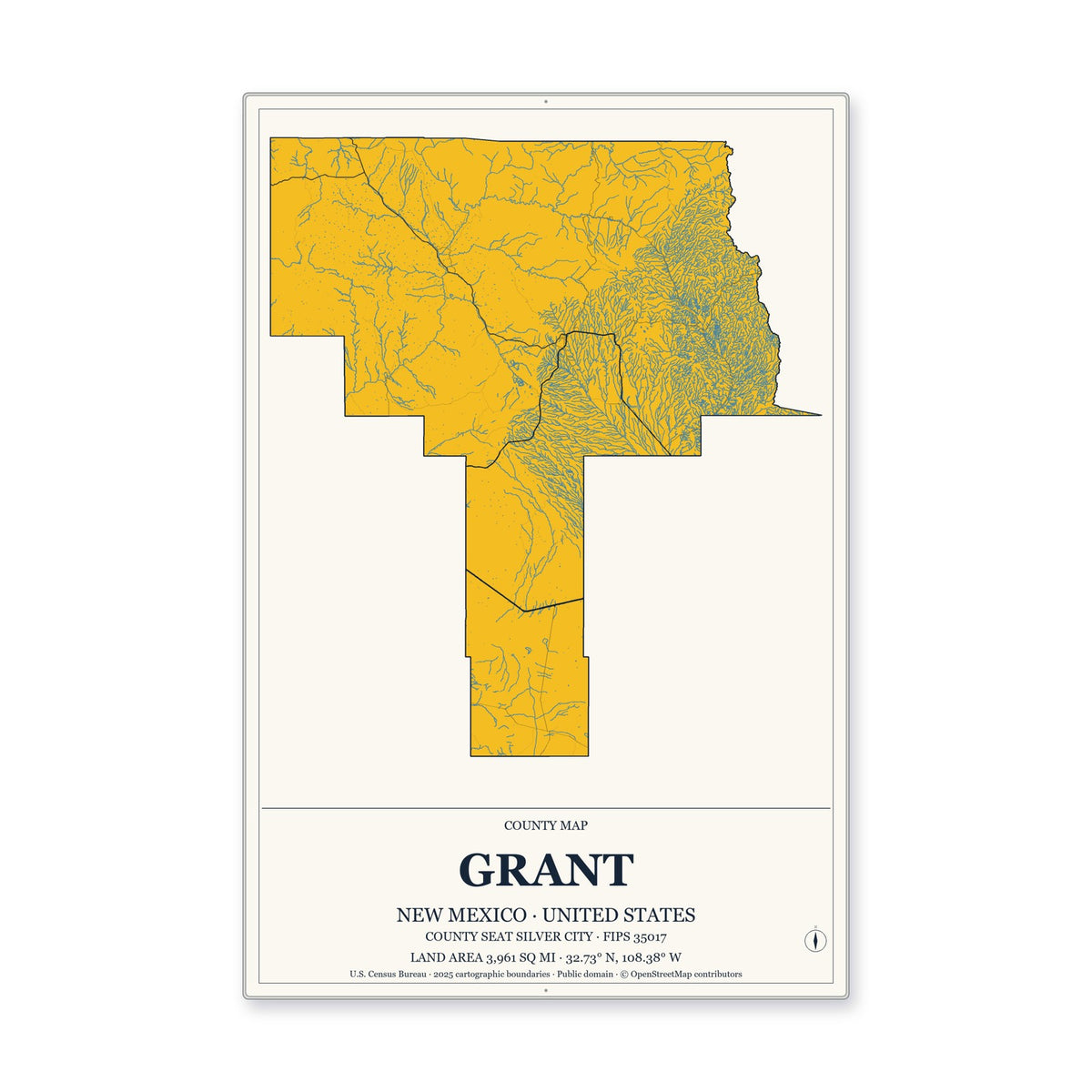 Grant County, New Mexico Map Aluminum Sign in Citrine Modern style