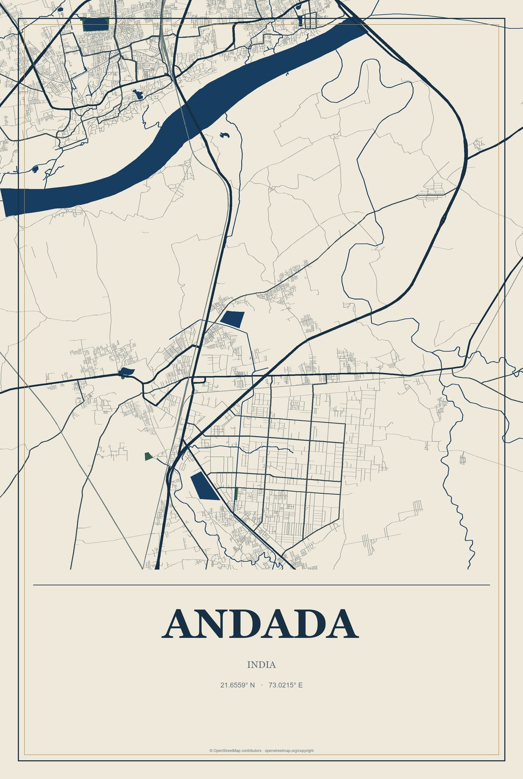 Andada, India City Map Aluminum Sign in Coastal Cutout style