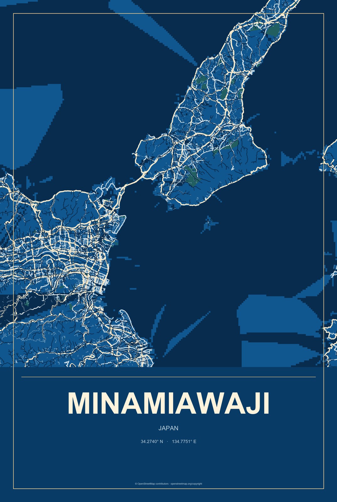 Minamiawaji, Japan City Map Aluminum Sign in Harbor Cobalt style