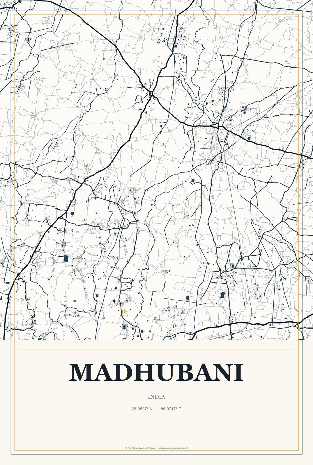 Madhubani, India City Map Aluminum Sign in Citrine Modern style