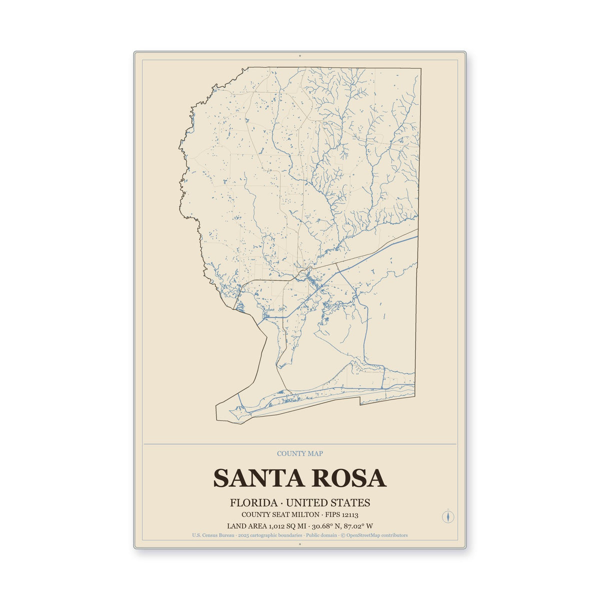 Santa Rosa County, Florida Map Aluminum Sign in Heritage Nautical style