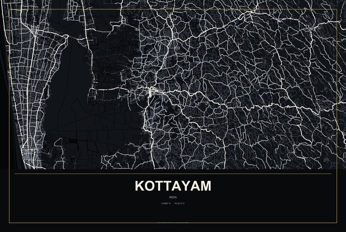 Kottayam, India City Map Aluminum Sign in Metropolitan Noir style