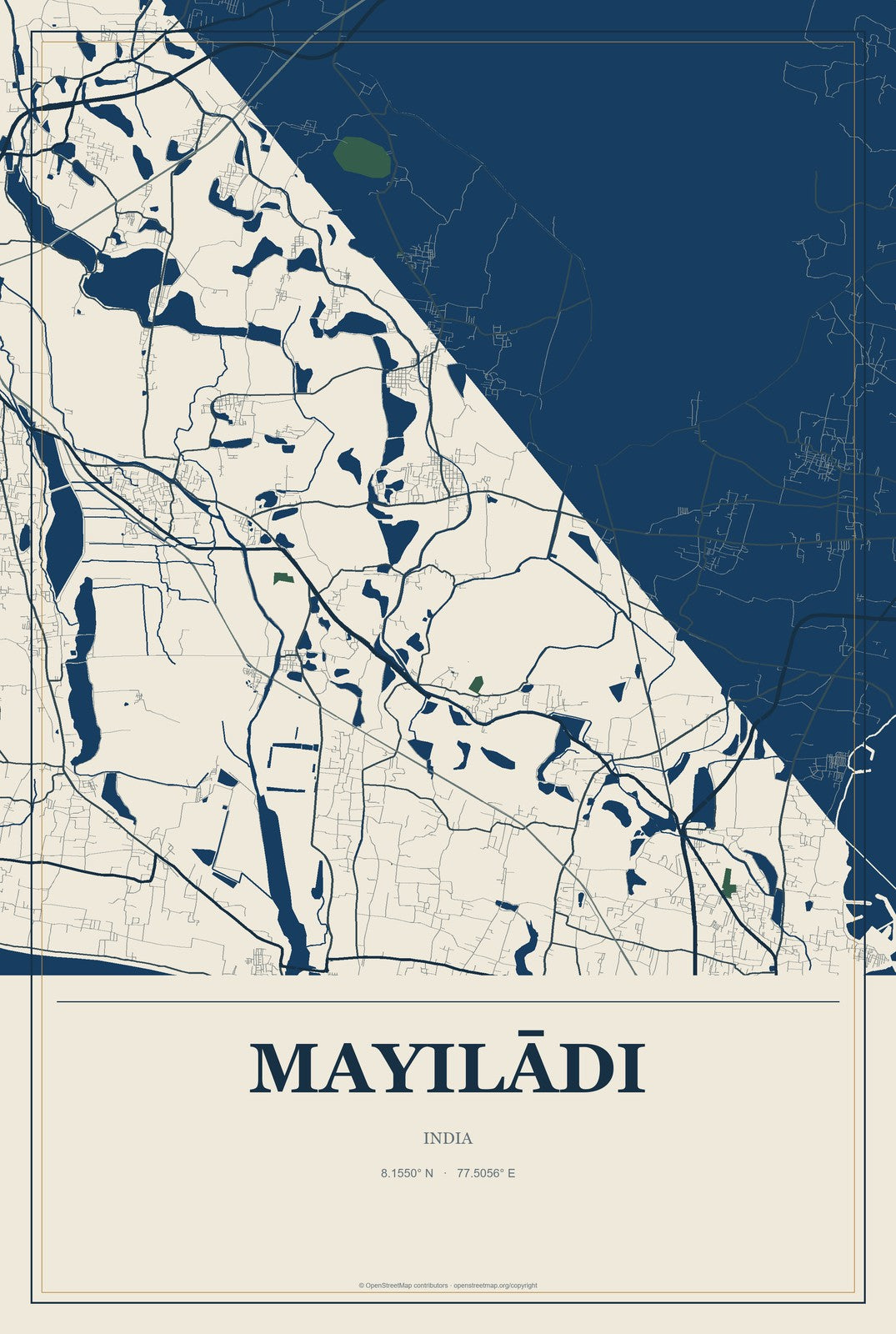 Mayilādi, India City Map Aluminum Sign in Coastal Cutout style