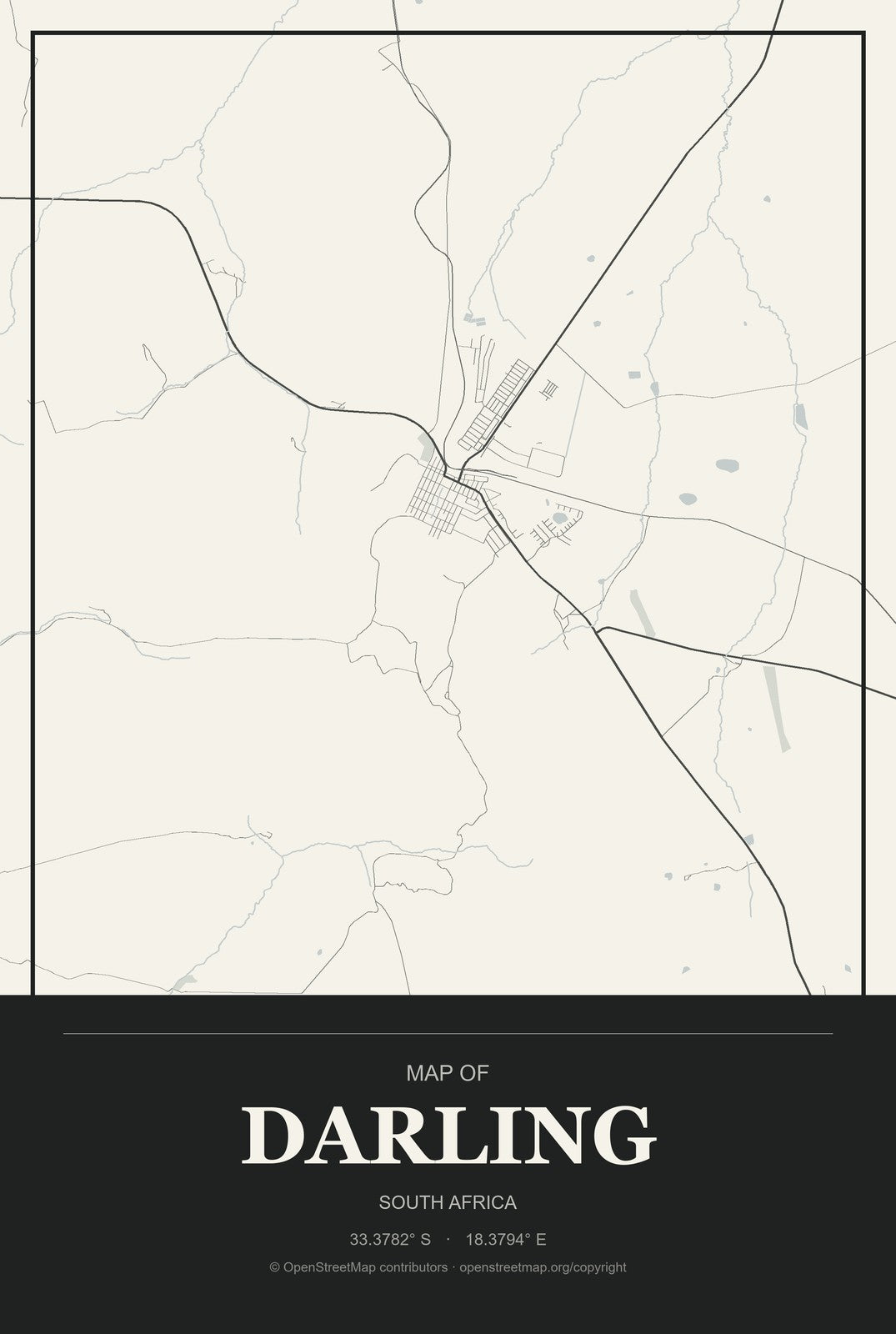 Darling, South Africa City Map Aluminum Sign in Museum Plaque style