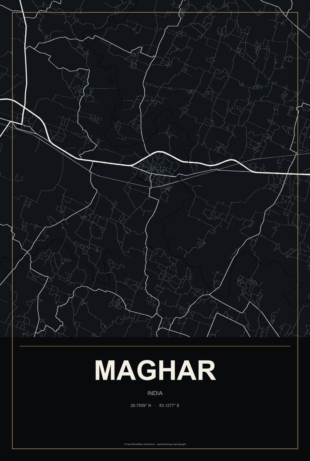 Maghar, India City Map Aluminum Sign in Metropolitan Noir style