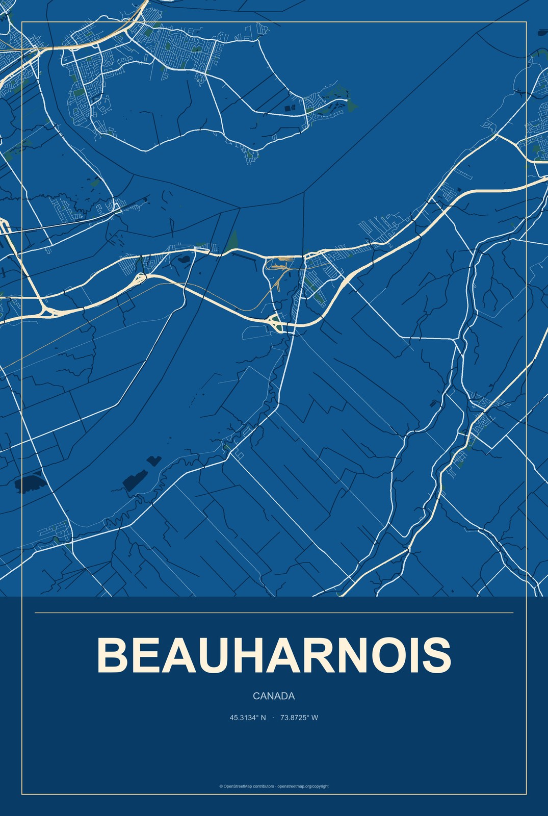 Beauharnois, Canada City Map Aluminum Sign in Harbor Cobalt style
