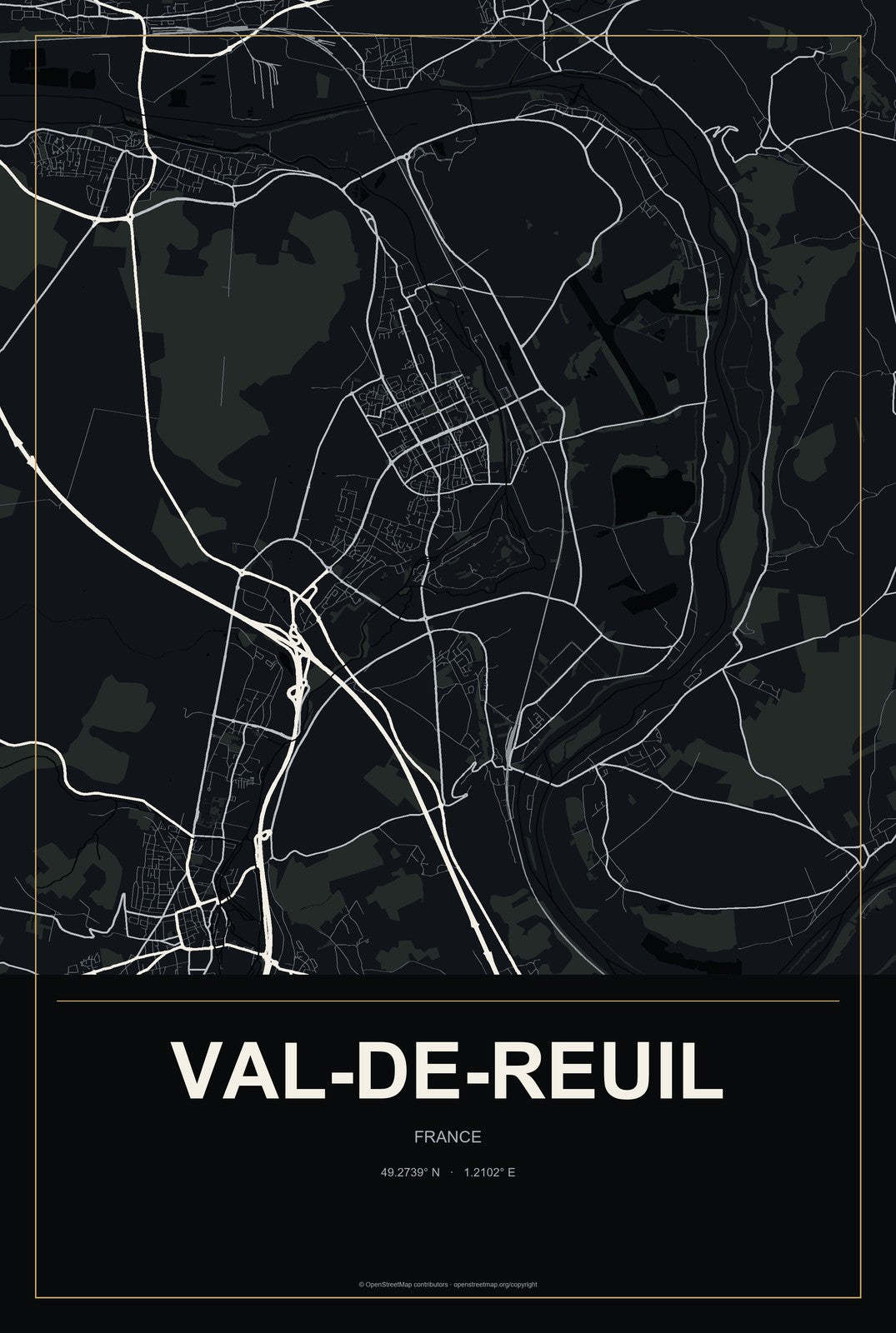 Val-de-Reuil, France City Map Aluminum Sign in Metropolitan Noir style