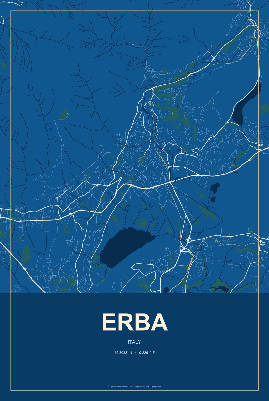 Erba, Italy City Map Aluminum Sign in Harbor Cobalt style