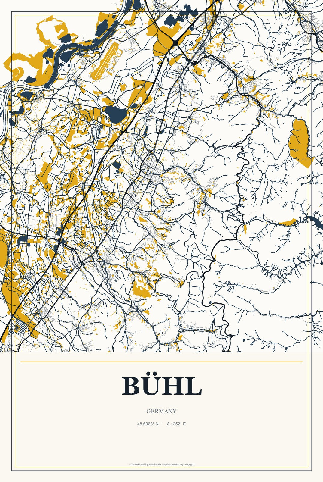 Bühl, Germany City Map Aluminum Sign in Citrine Modern style