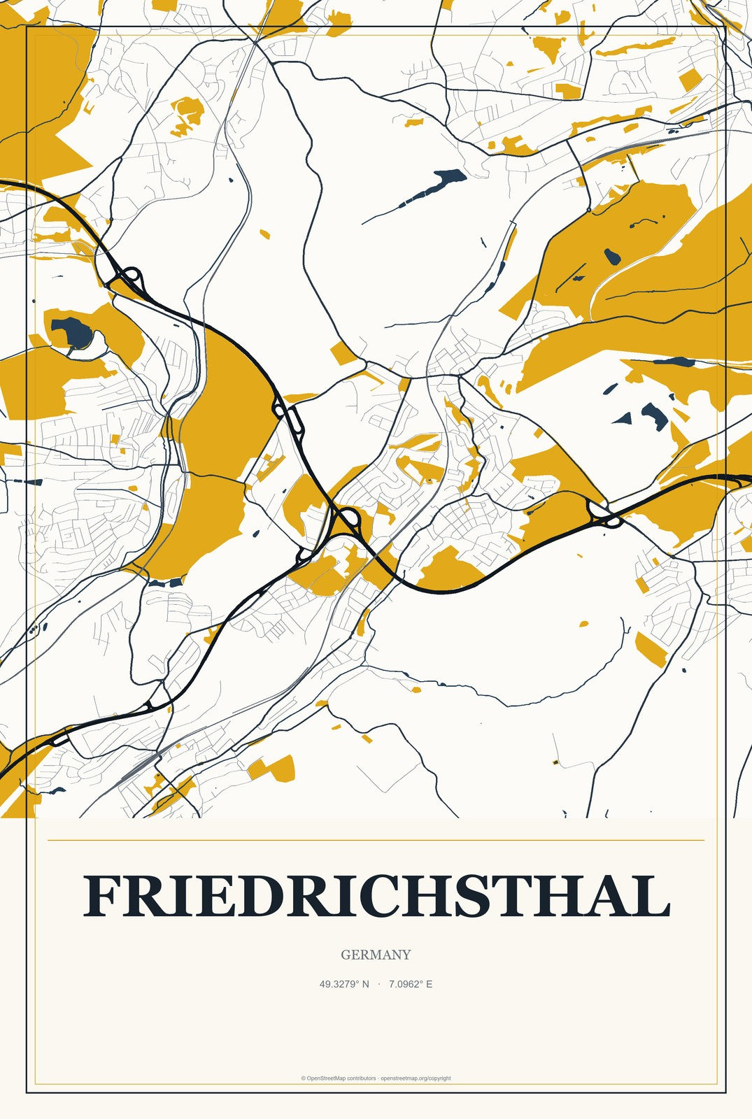 Friedrichsthal, Germany City Map Aluminum Sign in Citrine Modern style