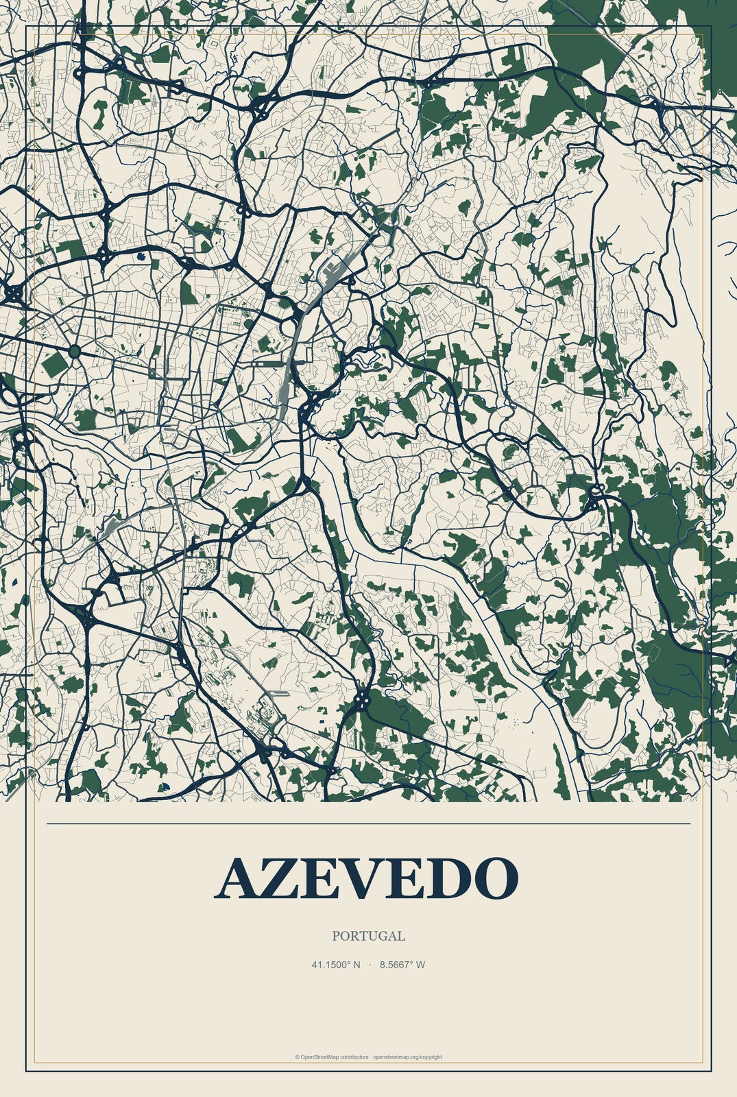 Azevedo, Portugal City Map Aluminum Sign in Coastal Cutout style