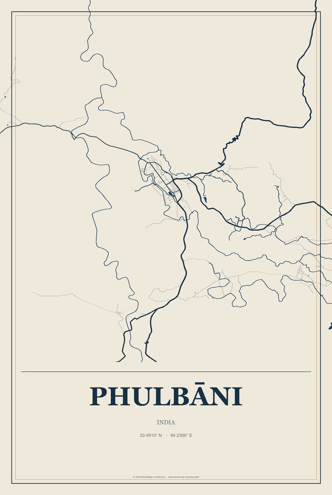 Phulbāni, India City Map Aluminum Sign in Coastal Cutout style