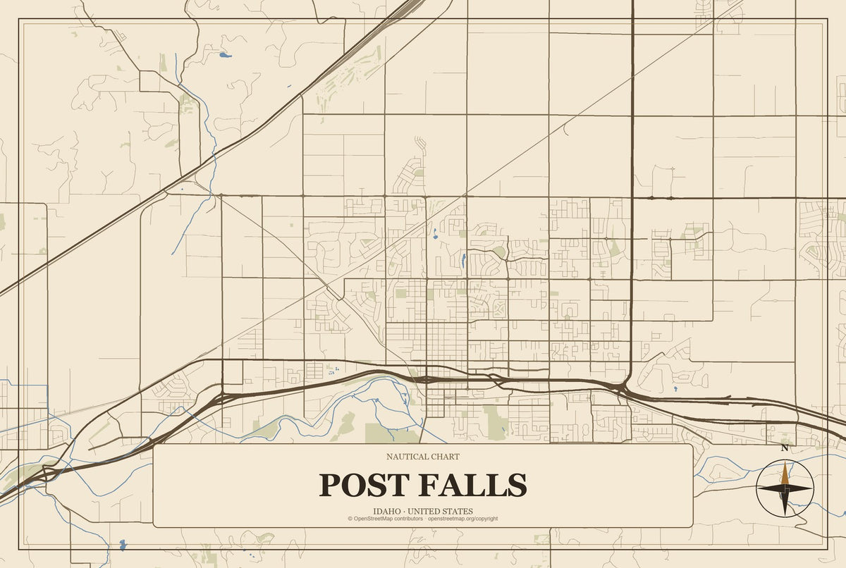 Post Falls, Idaho City Map Aluminum Sign in Heritage Nautical style